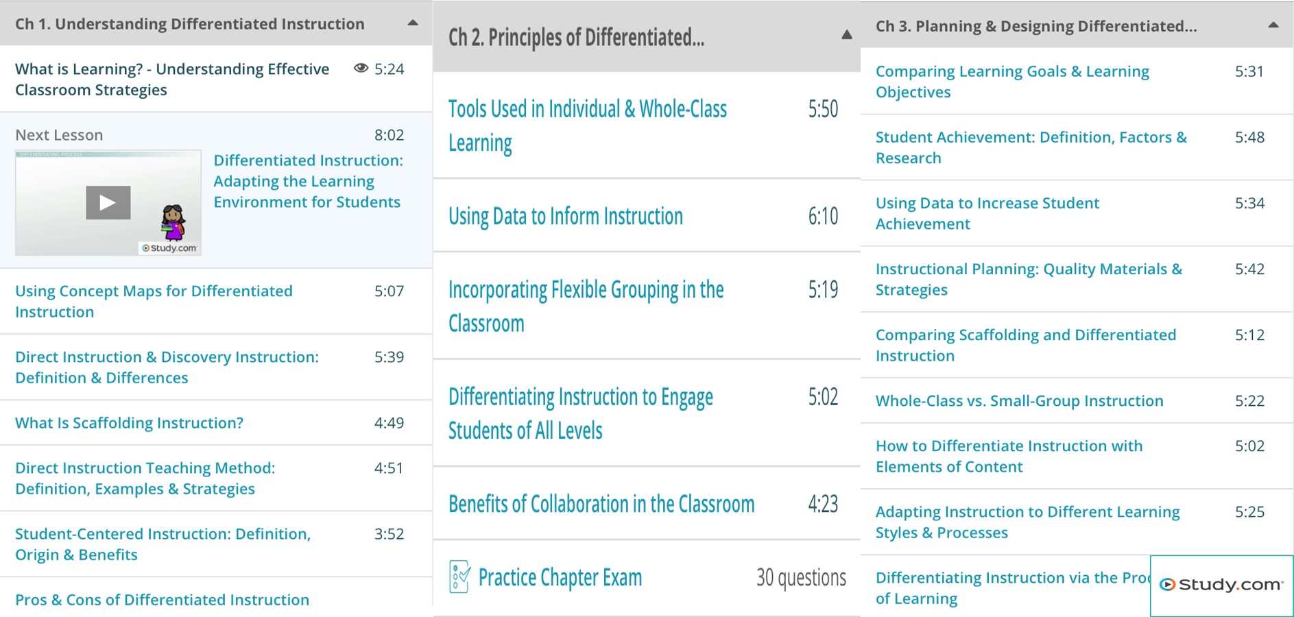 Study.com differentiated instruction lessons