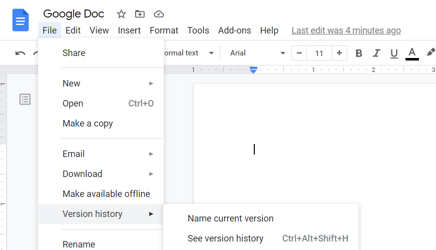 Version history in Google Docs