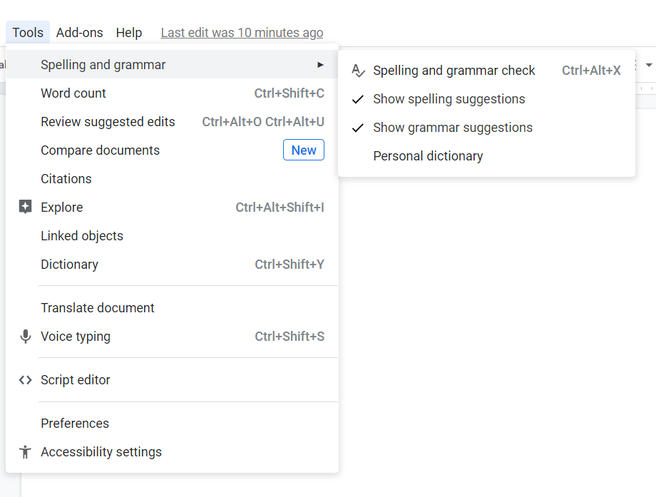 Tools in Google Docs